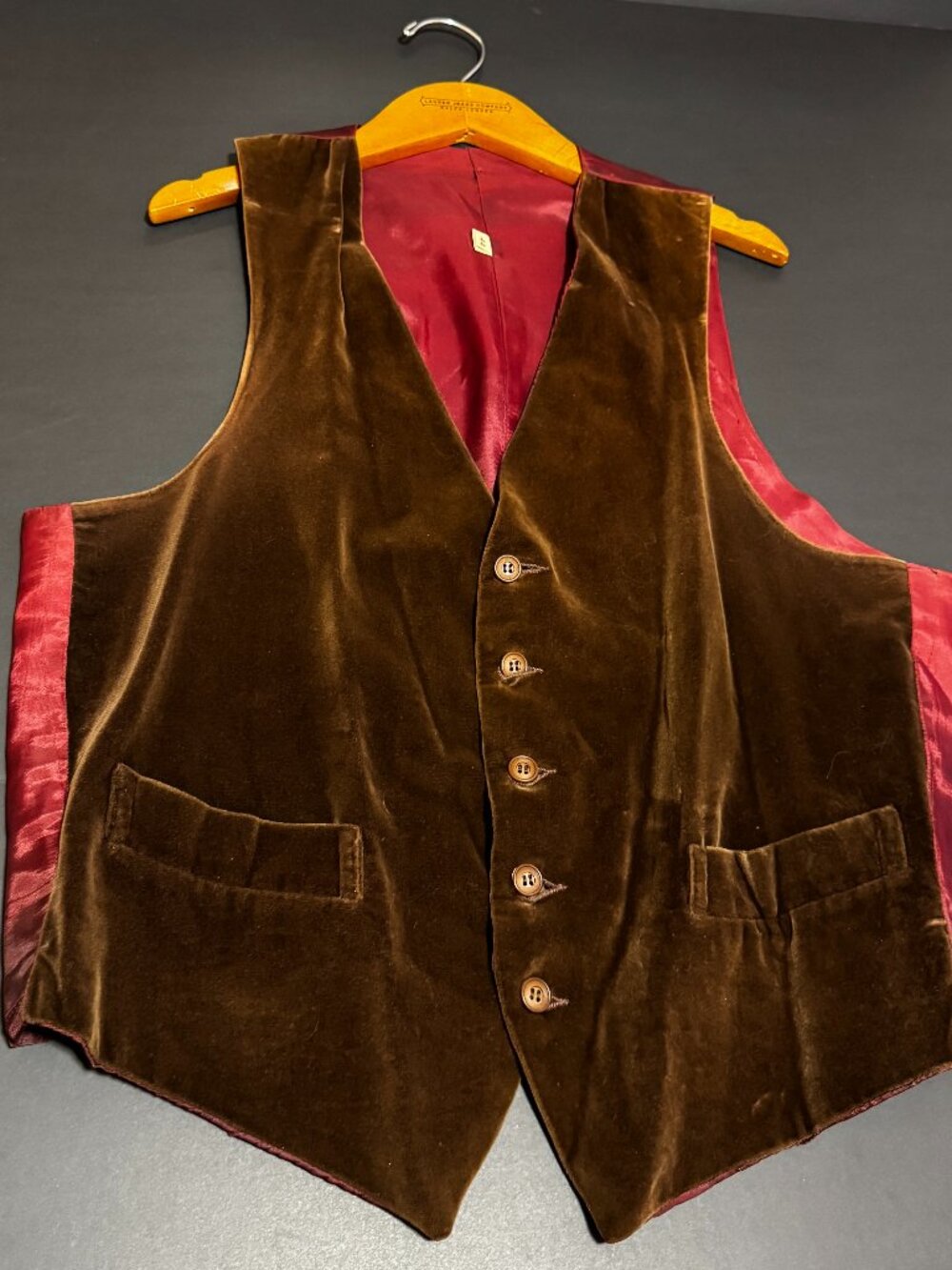 Vintage Mens Brown Velvet Look Vest Waistcoat Size 44 Formal Dress 5 Button
